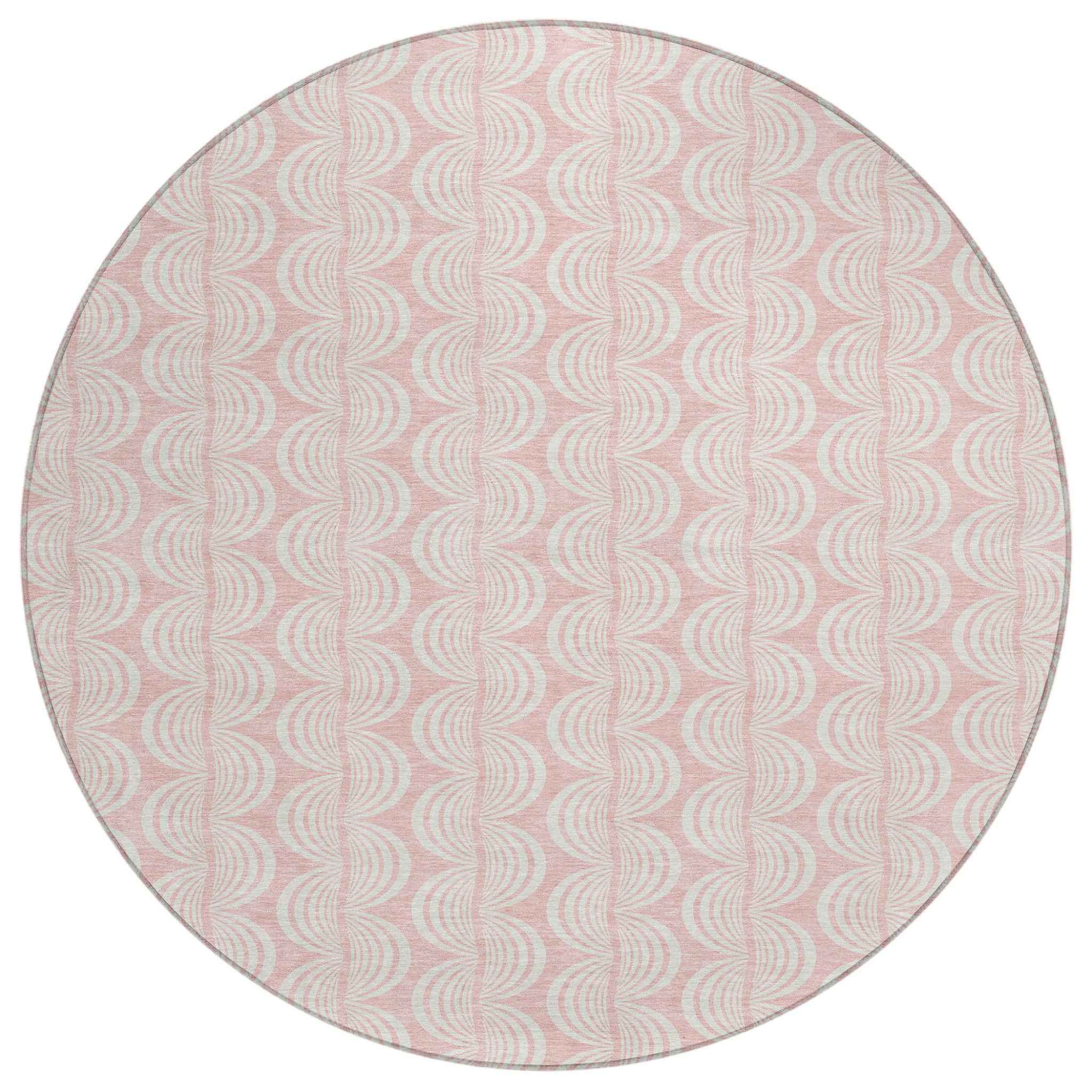 8' Pink And Gray Round Ogee Washable Indoor Outdoor Area Rug