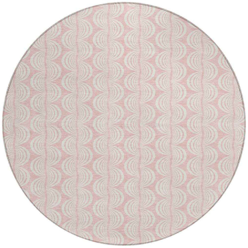 8' Pink And Gray Round Ogee Washable Indoor Outdoor Area Rug