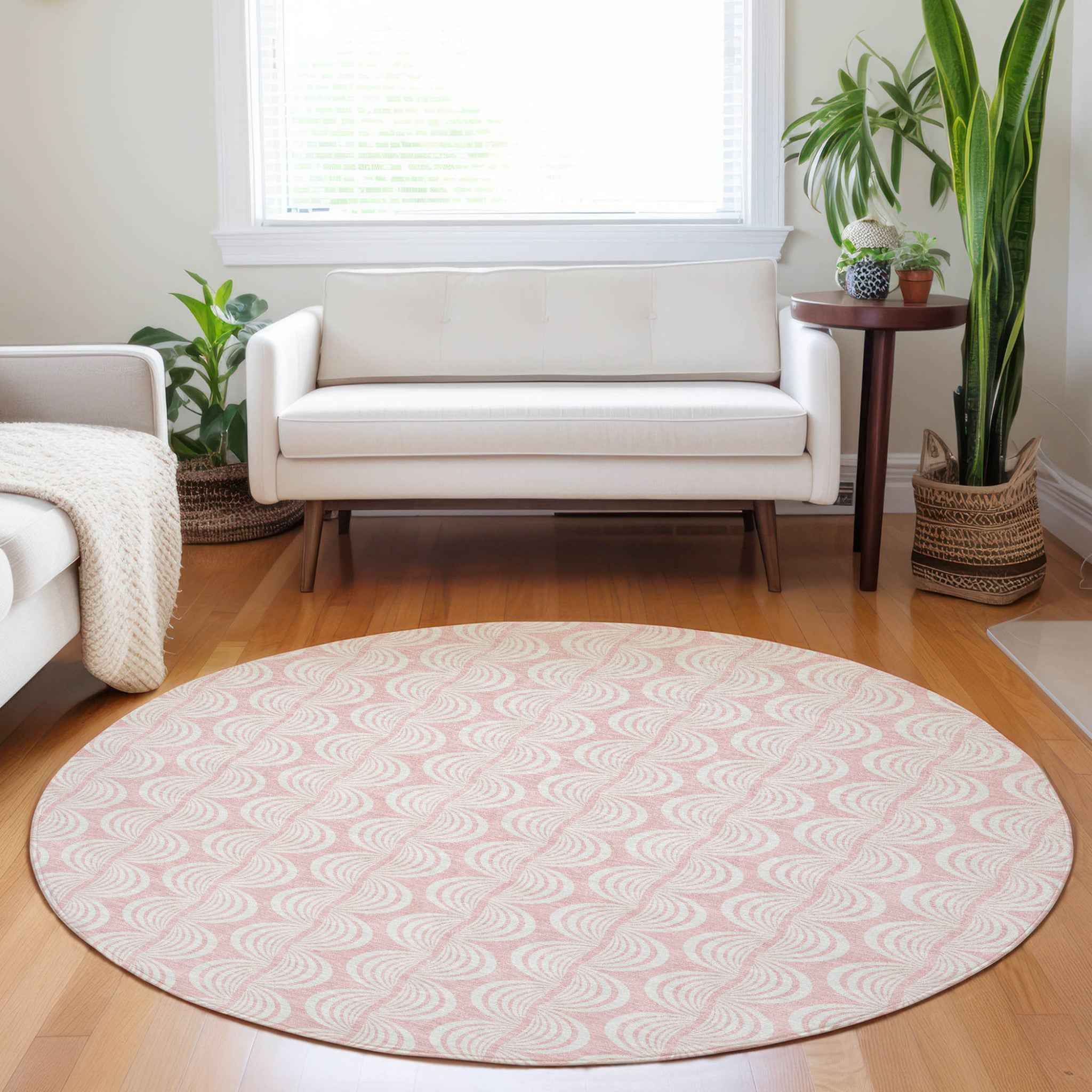 8' Pink And Gray Round Ogee Washable Indoor Outdoor Area Rug