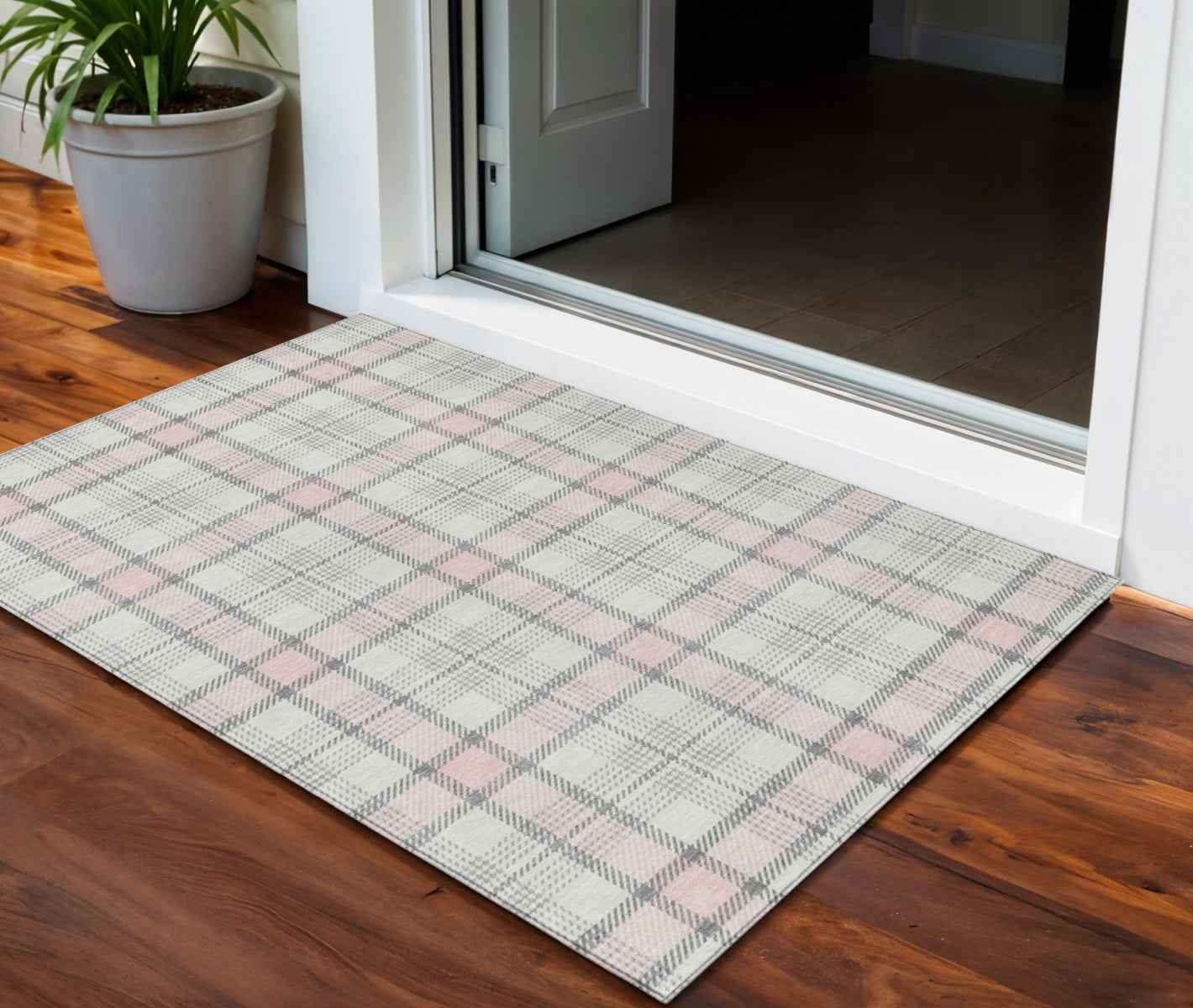 3' X 5' Pink And Gray Plaid Washable Indoor Outdoor Area Rug
