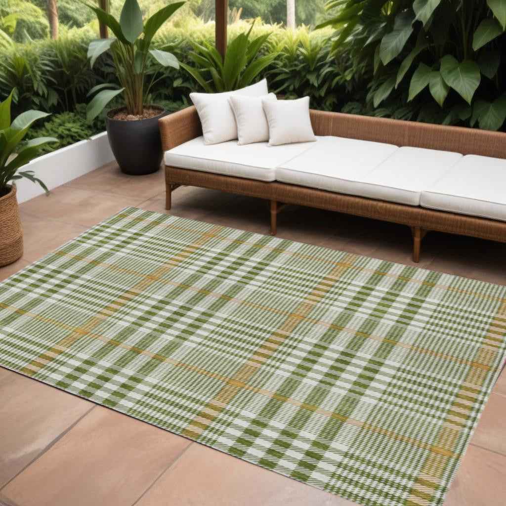 10' X 14' Olive Green Brown And Ivory Plaid Washable Indoor Outdoor Area Rug
