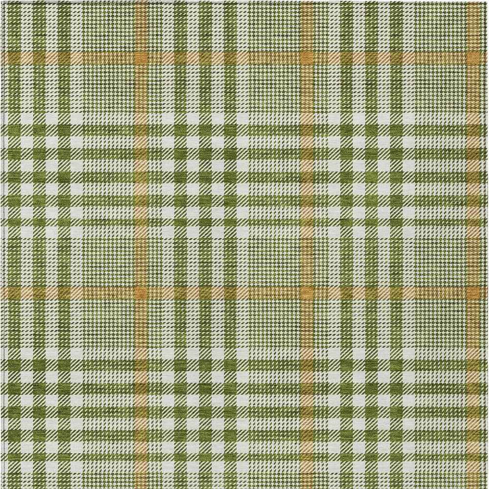 10' X 14' Olive Green Brown And Ivory Plaid Washable Indoor Outdoor Area Rug