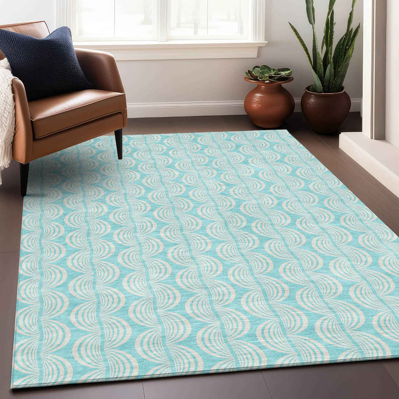 10' X 14' Aqua And Beige Ogee Washable Indoor Outdoor Area Rug