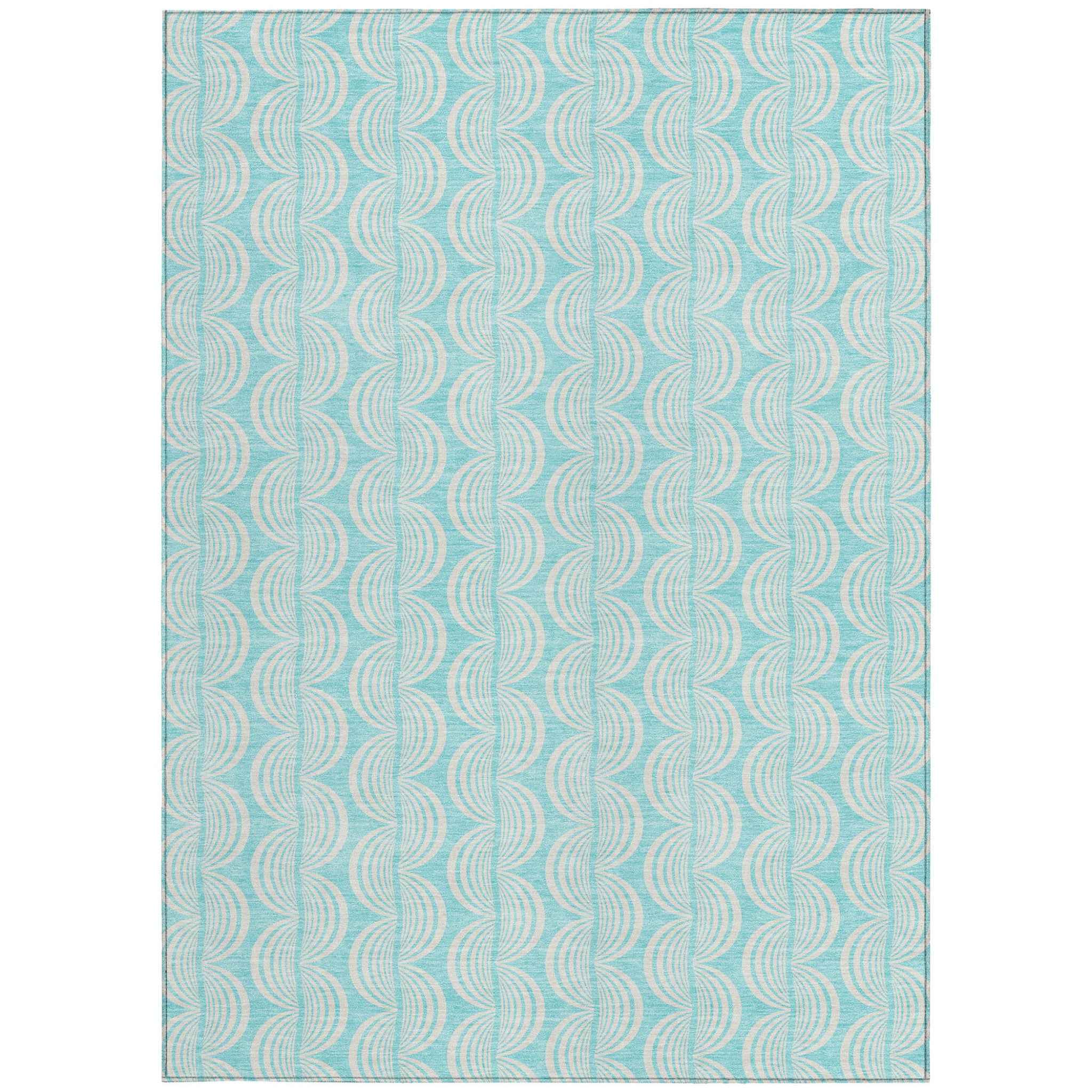 10' X 14' Aqua And Beige Ogee Washable Indoor Outdoor Area Rug