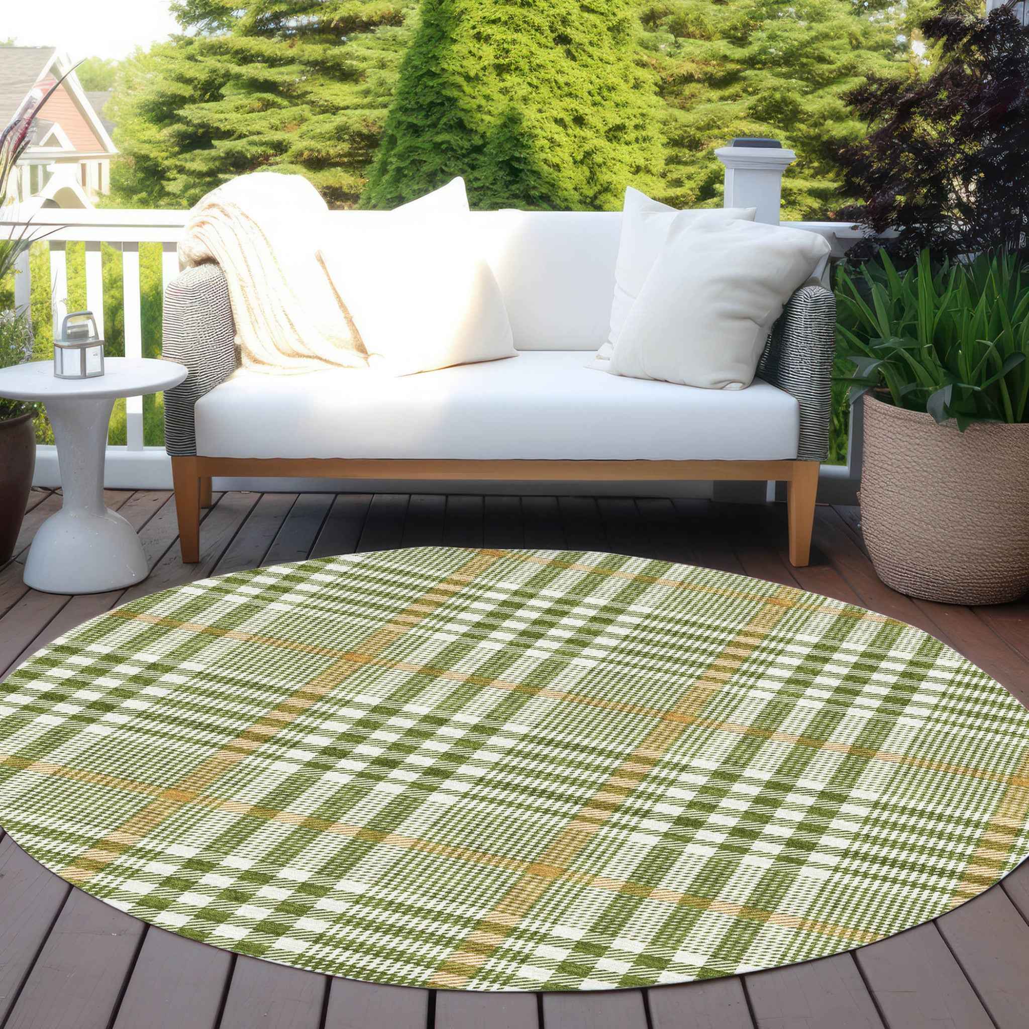 8' Olive Green Brown And Ivory Round Plaid Washable Indoor Outdoor Area Rug