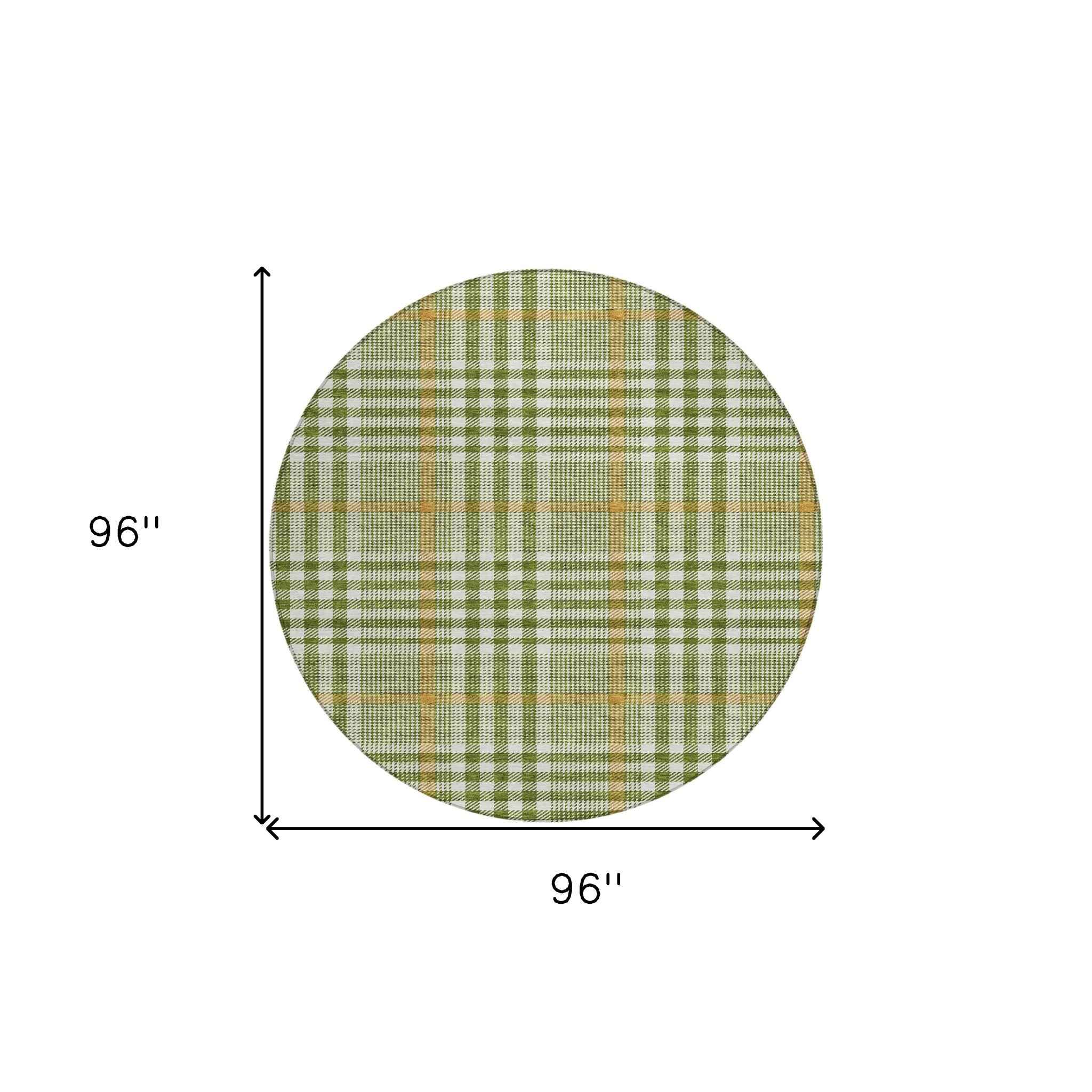 8' Olive Green Brown And Ivory Round Plaid Washable Indoor Outdoor Area Rug