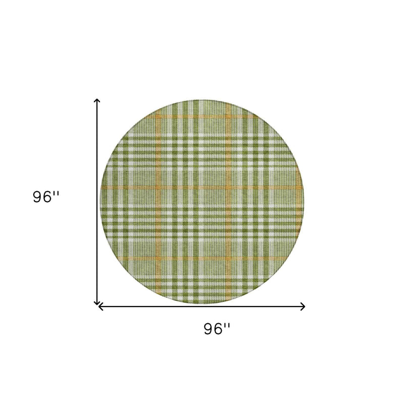 8' Olive Green Brown And Ivory Round Plaid Washable Indoor Outdoor Area Rug