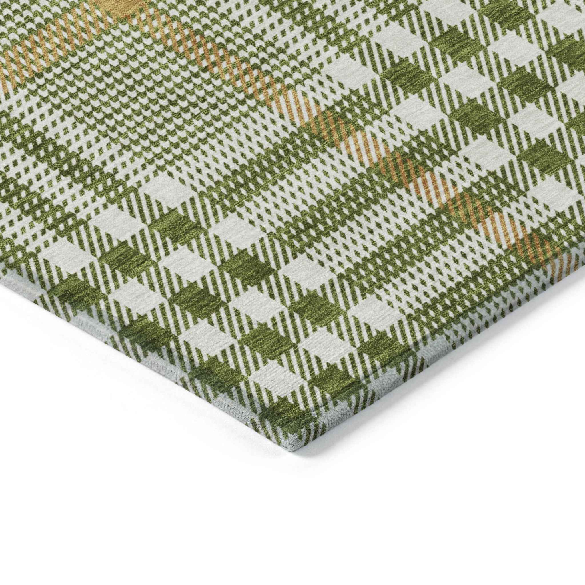 8' Olive Green Brown And Ivory Round Plaid Washable Indoor Outdoor Area Rug