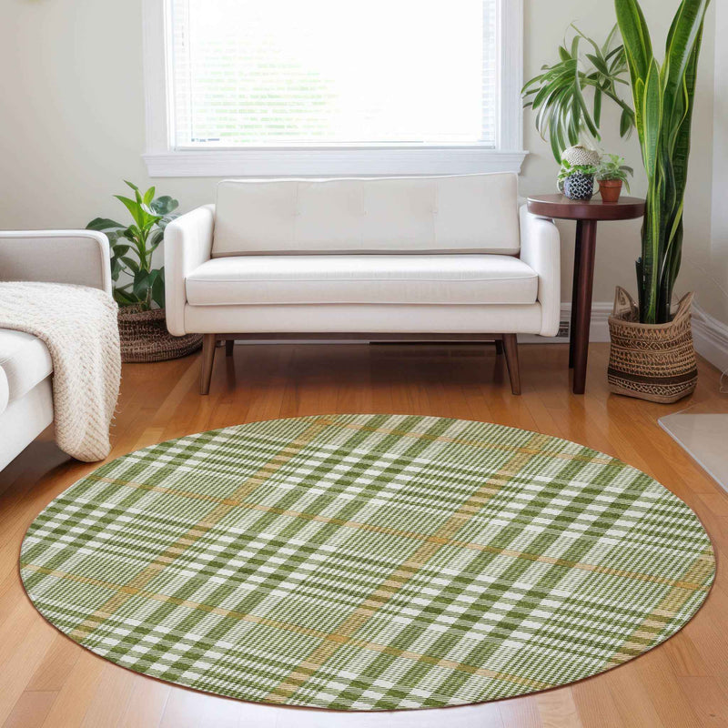 8' Olive Green Brown And Ivory Round Plaid Washable Indoor Outdoor Area Rug