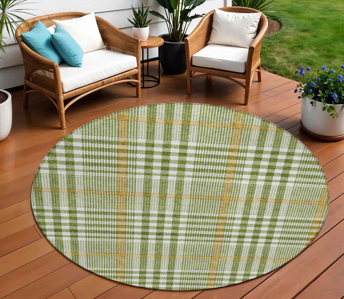 8' Olive Green Brown And Ivory Round Plaid Washable Indoor Outdoor Area Rug