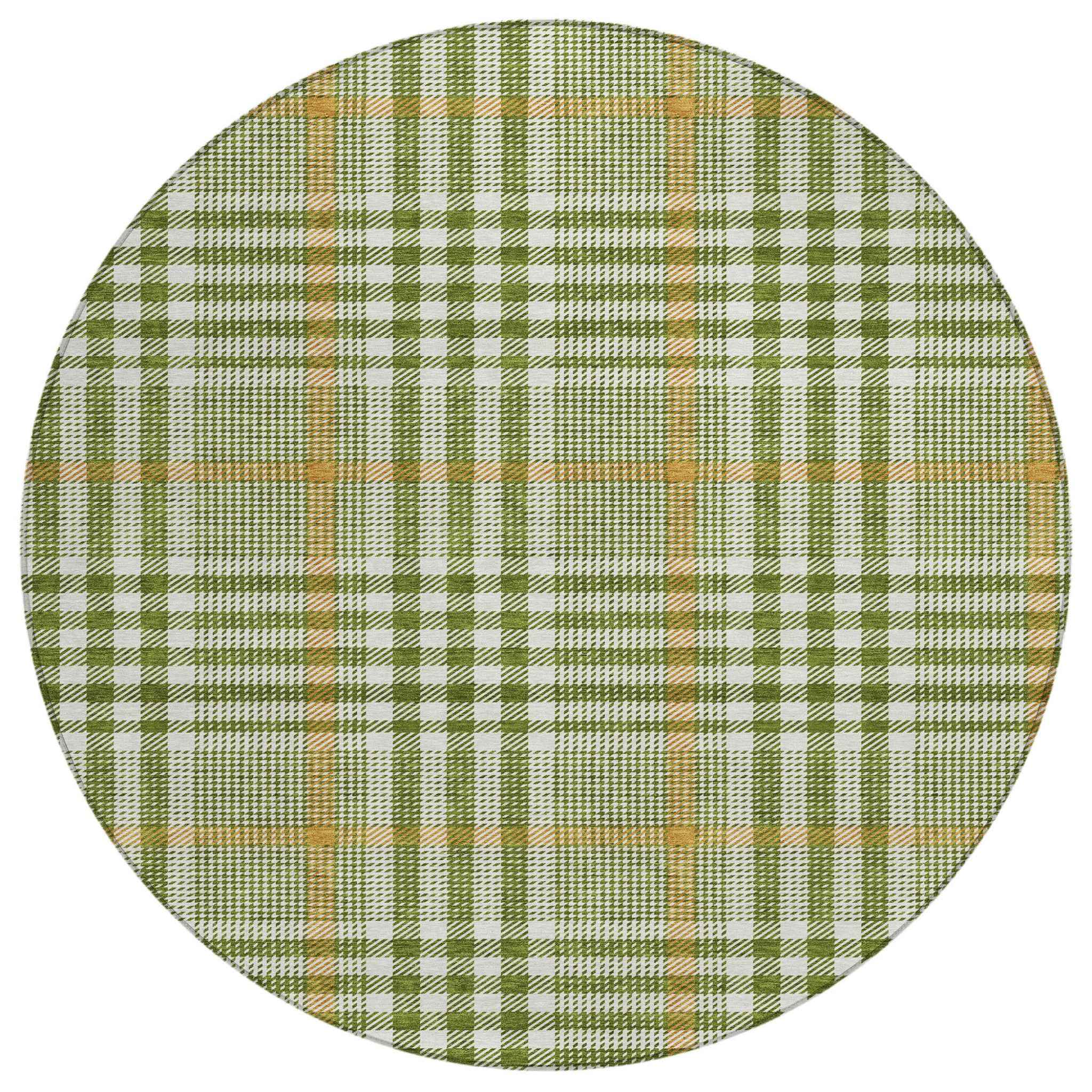 8' Olive Green Brown And Ivory Round Plaid Washable Indoor Outdoor Area Rug