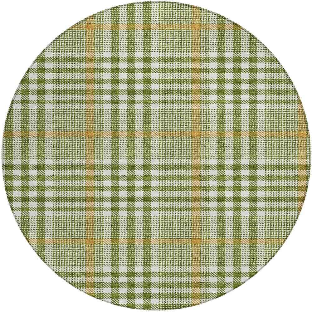 8' Olive Green Brown And Ivory Round Plaid Washable Indoor Outdoor Area Rug