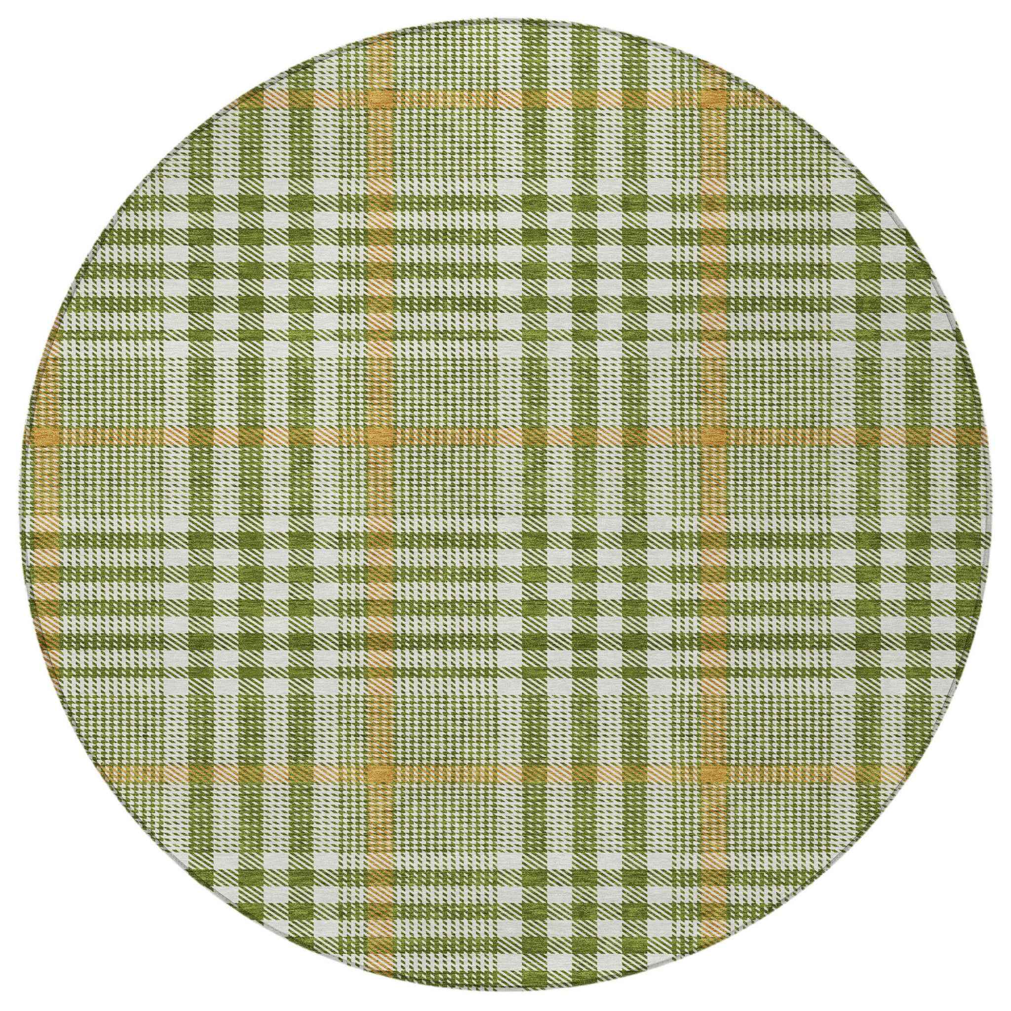 8' Olive Green Brown And Ivory Round Plaid Washable Indoor Outdoor Area Rug