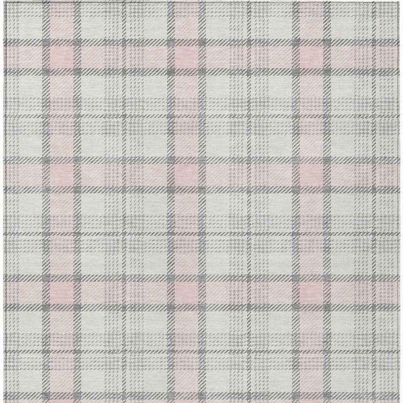 5' X 8' Pink And Gray Plaid Washable Indoor Outdoor Area Rug
