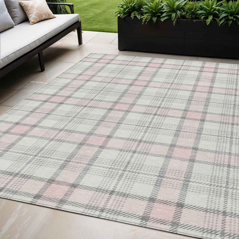 5' X 8' Pink And Gray Plaid Washable Indoor Outdoor Area Rug