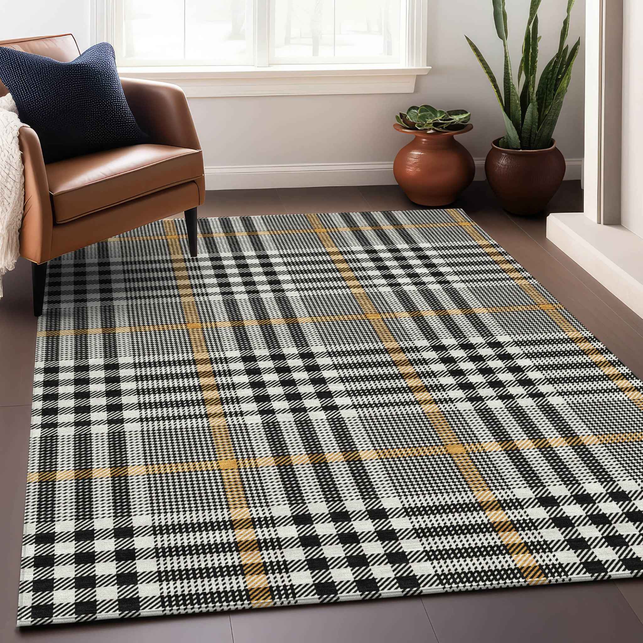 5' X 8' Black Gold And Ivory Plaid Washable Indoor Outdoor Area Rug