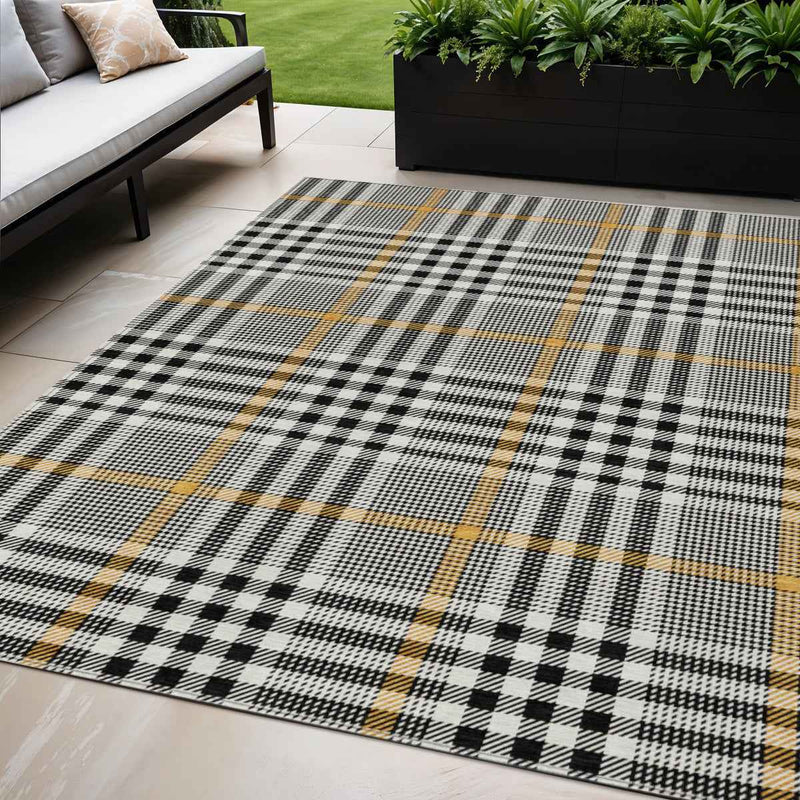 5' X 8' Black Gold And Ivory Plaid Washable Indoor Outdoor Area Rug