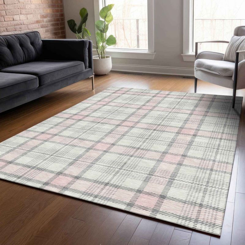 5' X 8' Pink And Gray Plaid Washable Indoor Outdoor Area Rug