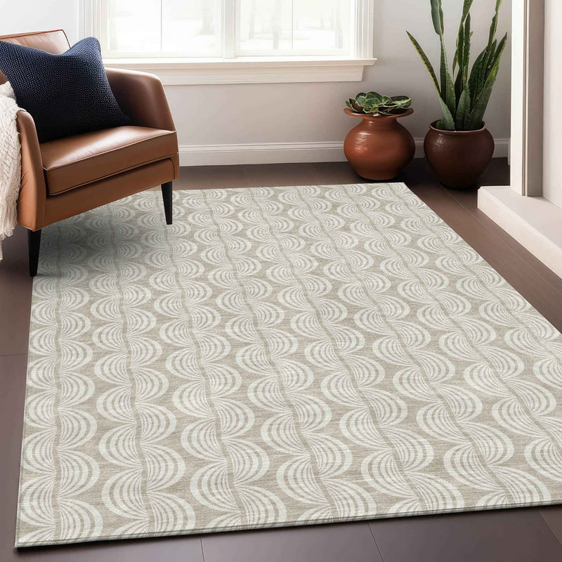 10' X 14' Beige And Ivory Ogee Washable Indoor Outdoor Area Rug