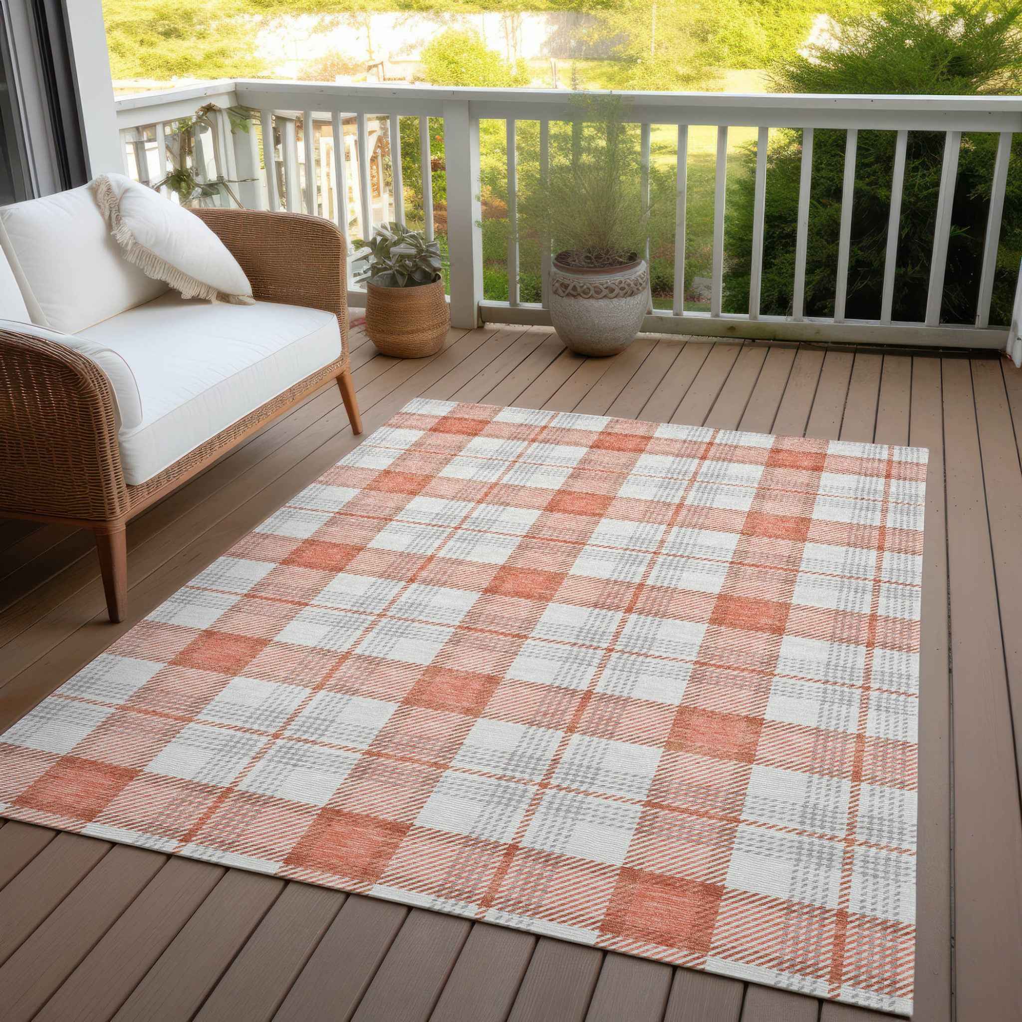 5' X 8' Coral And Beige Plaid Washable Indoor Outdoor Area Rug