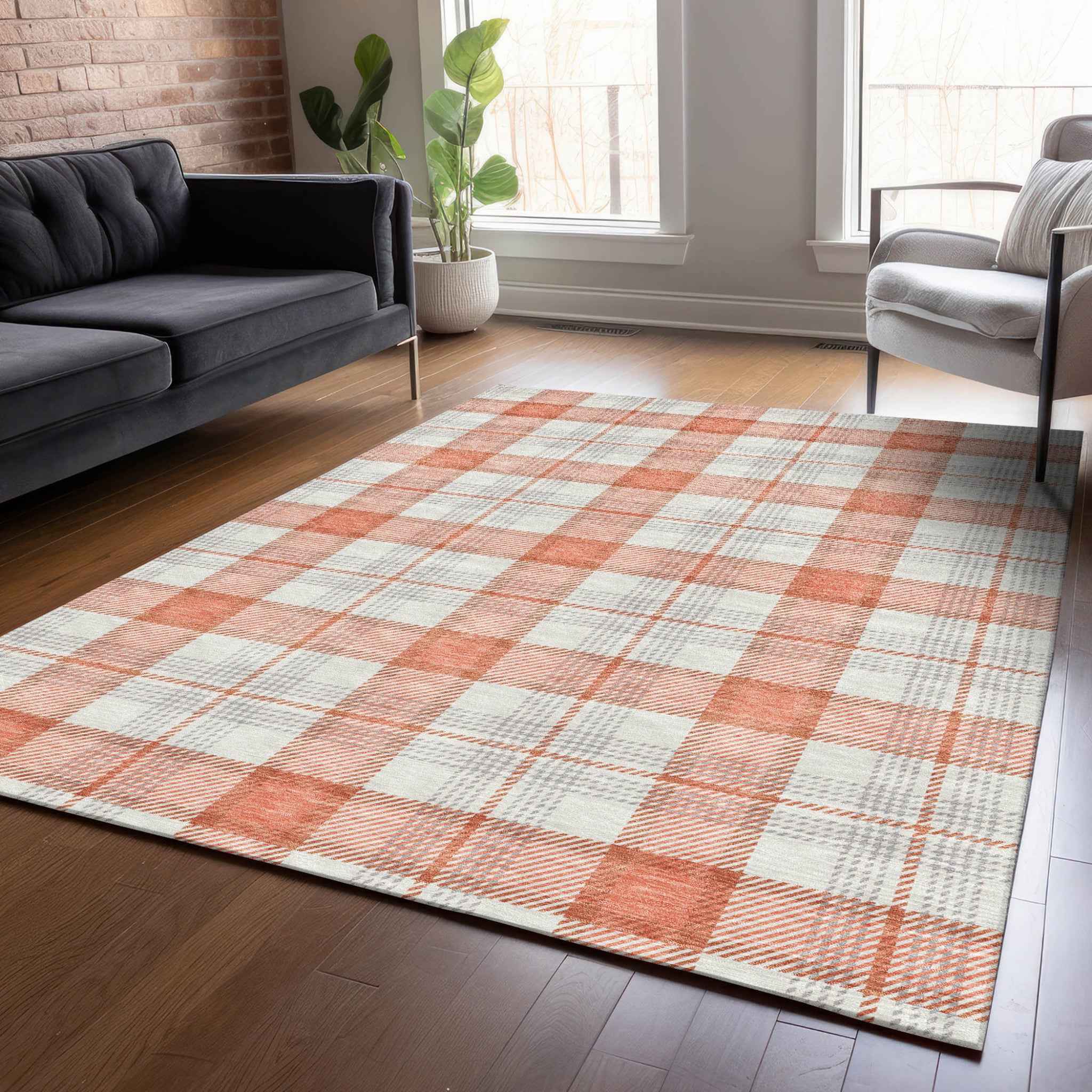 5' X 8' Coral And Beige Plaid Washable Indoor Outdoor Area Rug