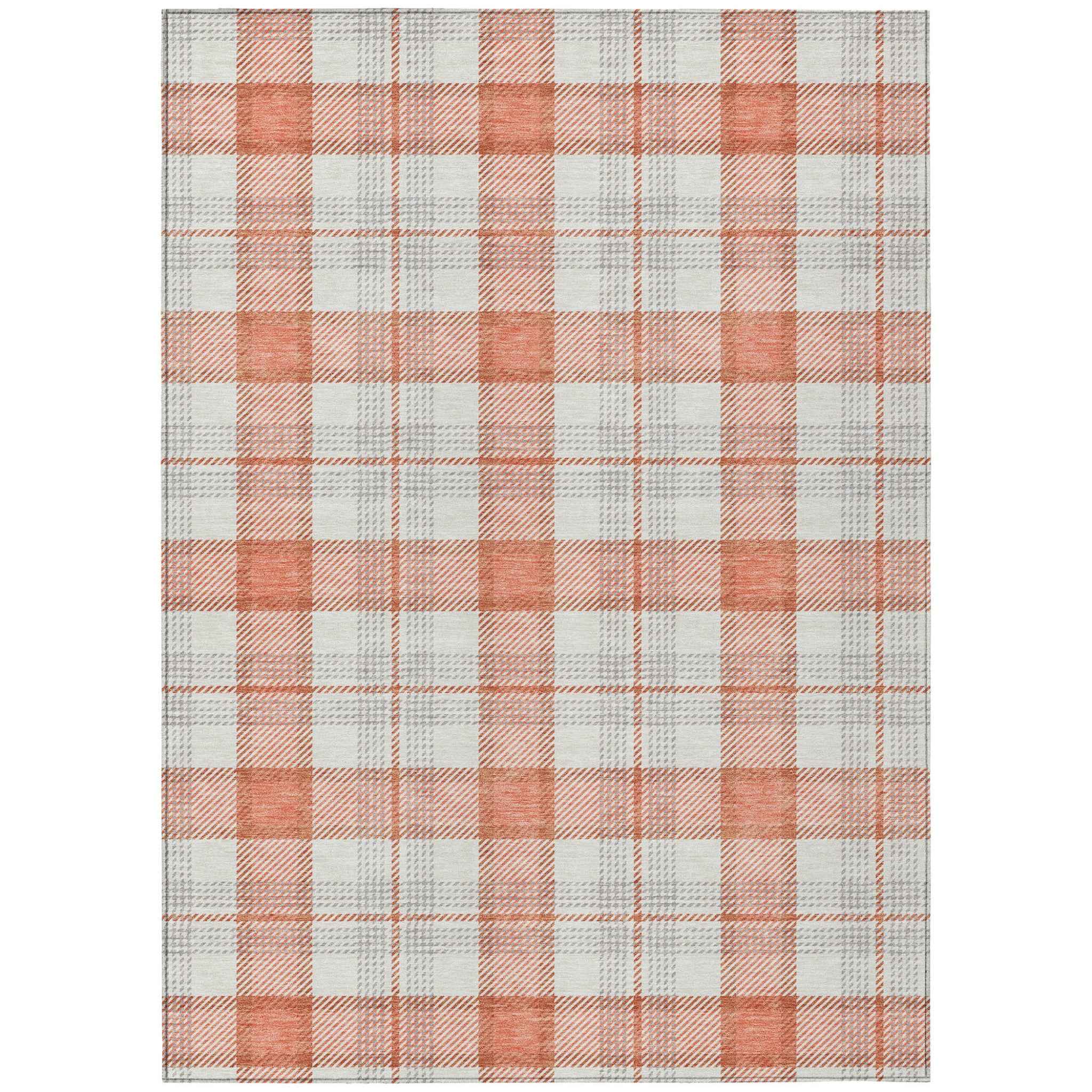 5' X 8' Coral And Beige Plaid Washable Indoor Outdoor Area Rug