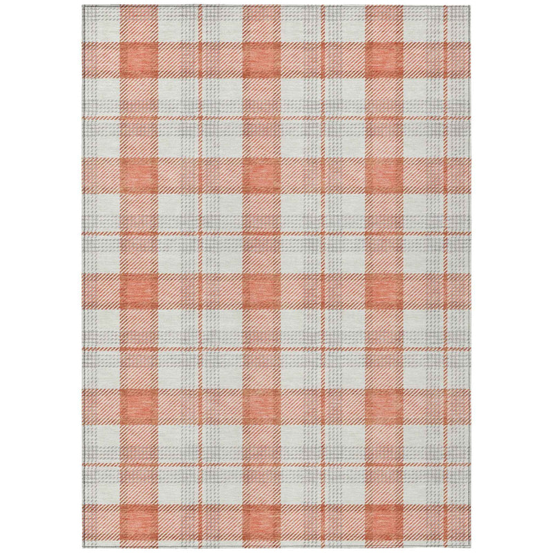5' X 8' Coral And Beige Plaid Washable Indoor Outdoor Area Rug