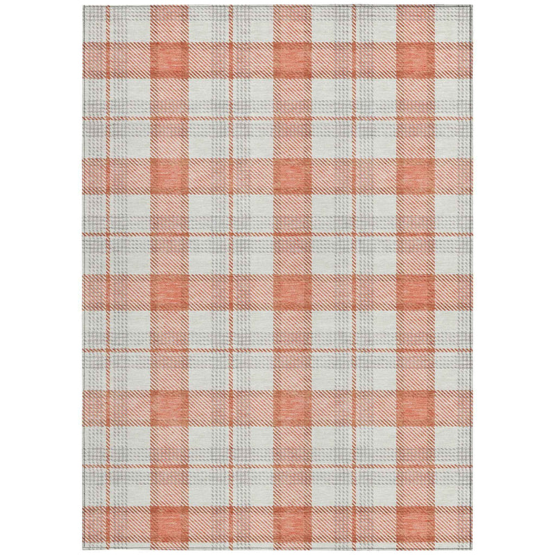 5' X 8' Coral And Beige Plaid Washable Indoor Outdoor Area Rug