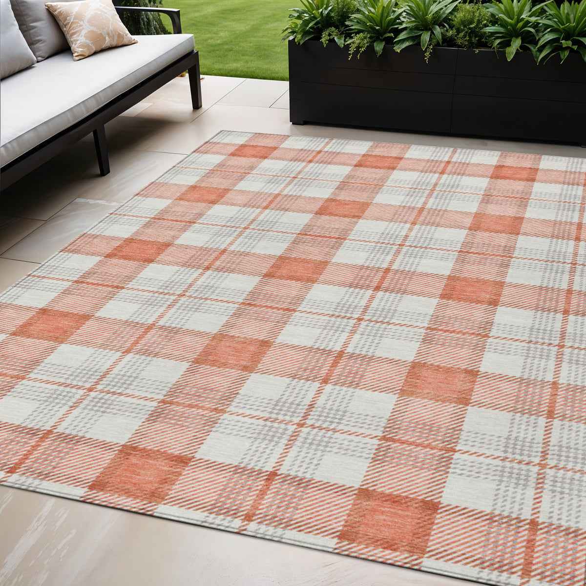 5' X 8' Coral And Beige Plaid Washable Indoor Outdoor Area Rug