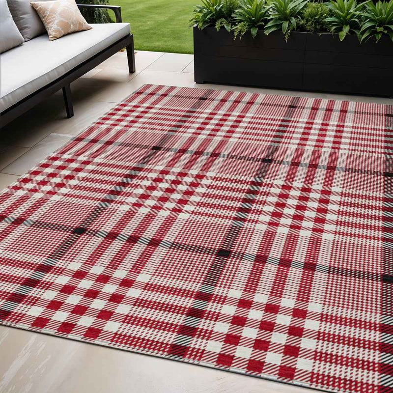 5' X 8' Red Black And Ivory Plaid Washable Indoor Outdoor Area Rug