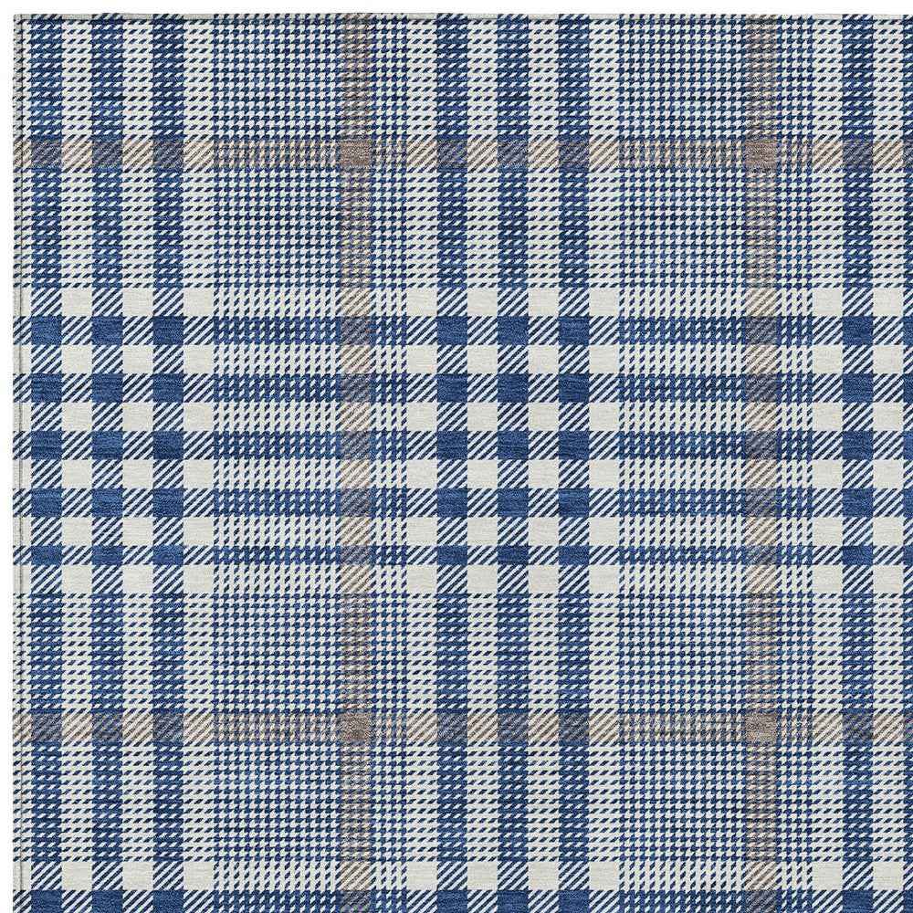 9' X 12' Navy Blue Ivory And Brown Plaid Washable Indoor Outdoor Area Rug