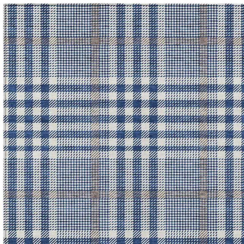 9' X 12' Navy Blue Ivory And Brown Plaid Washable Indoor Outdoor Area Rug