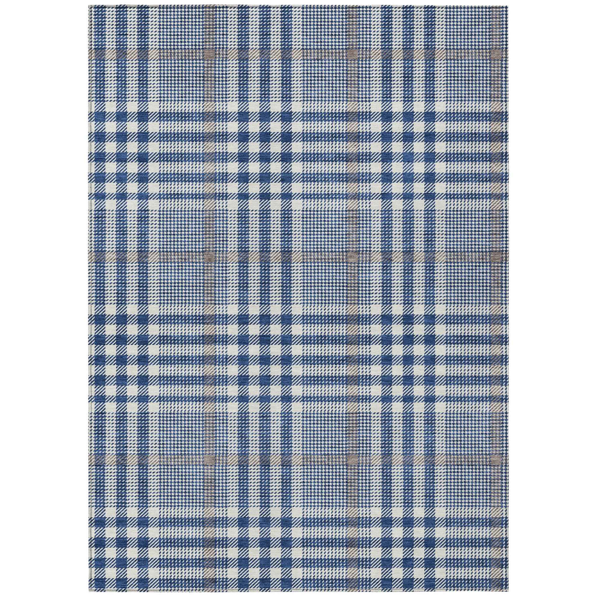 9' X 12' Navy Blue Ivory And Brown Plaid Washable Indoor Outdoor Area Rug