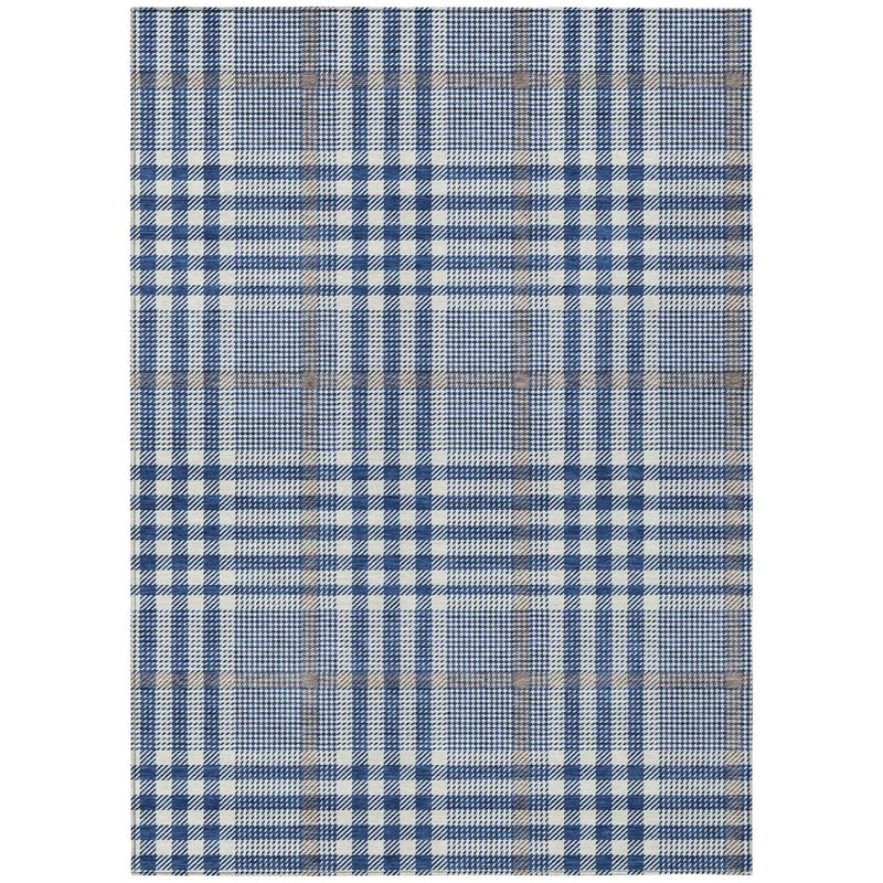 9' X 12' Navy Blue Ivory And Brown Plaid Washable Indoor Outdoor Area Rug
