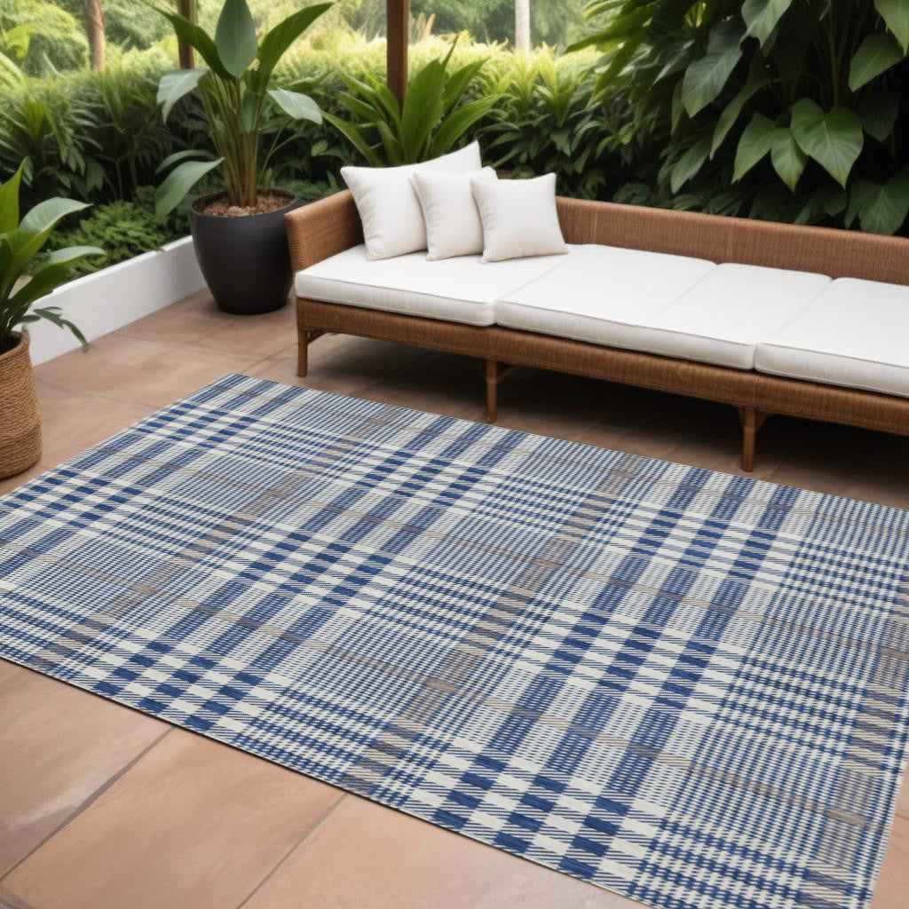 9' X 12' Navy Blue Ivory And Brown Plaid Washable Indoor Outdoor Area Rug