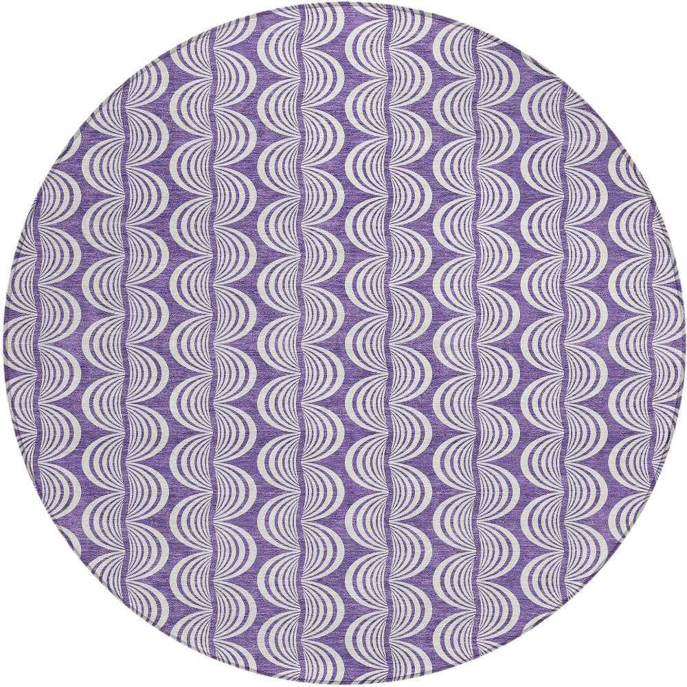 8' Purple And Ivory Round Ogee Washable Indoor Outdoor Area Rug