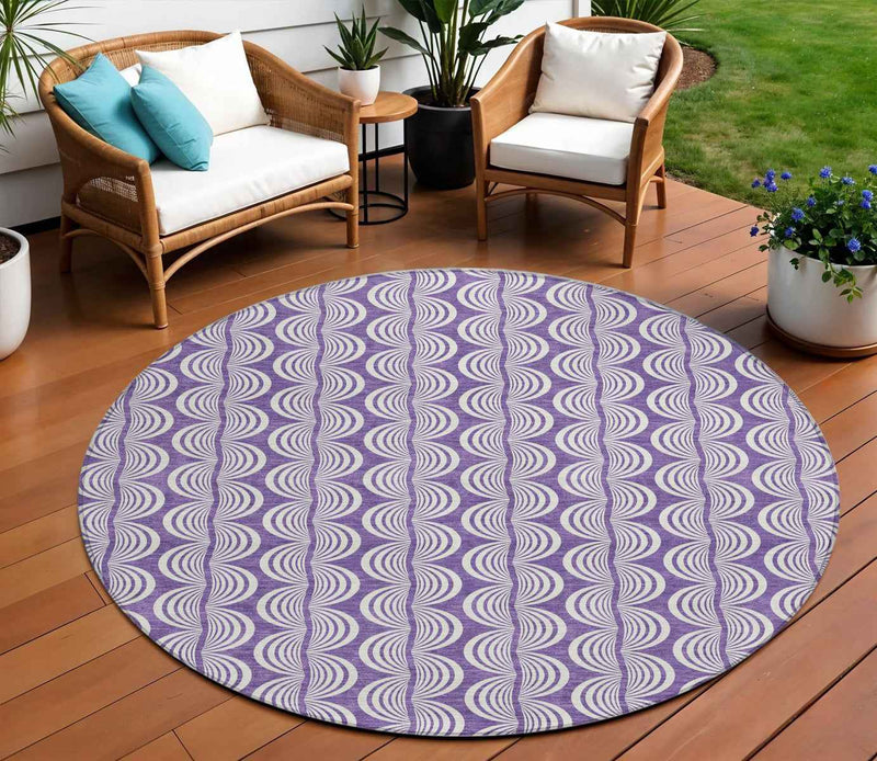 8' Purple And Ivory Round Ogee Washable Indoor Outdoor Area Rug