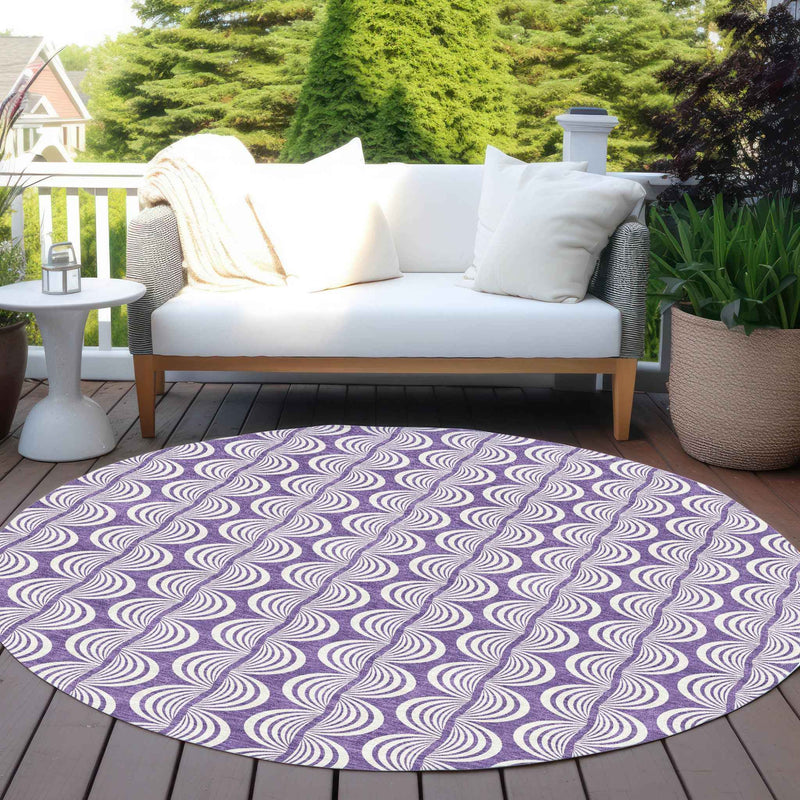 8' Purple And Ivory Round Ogee Washable Indoor Outdoor Area Rug