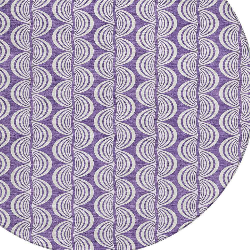 8' Purple And Ivory Round Ogee Washable Indoor Outdoor Area Rug