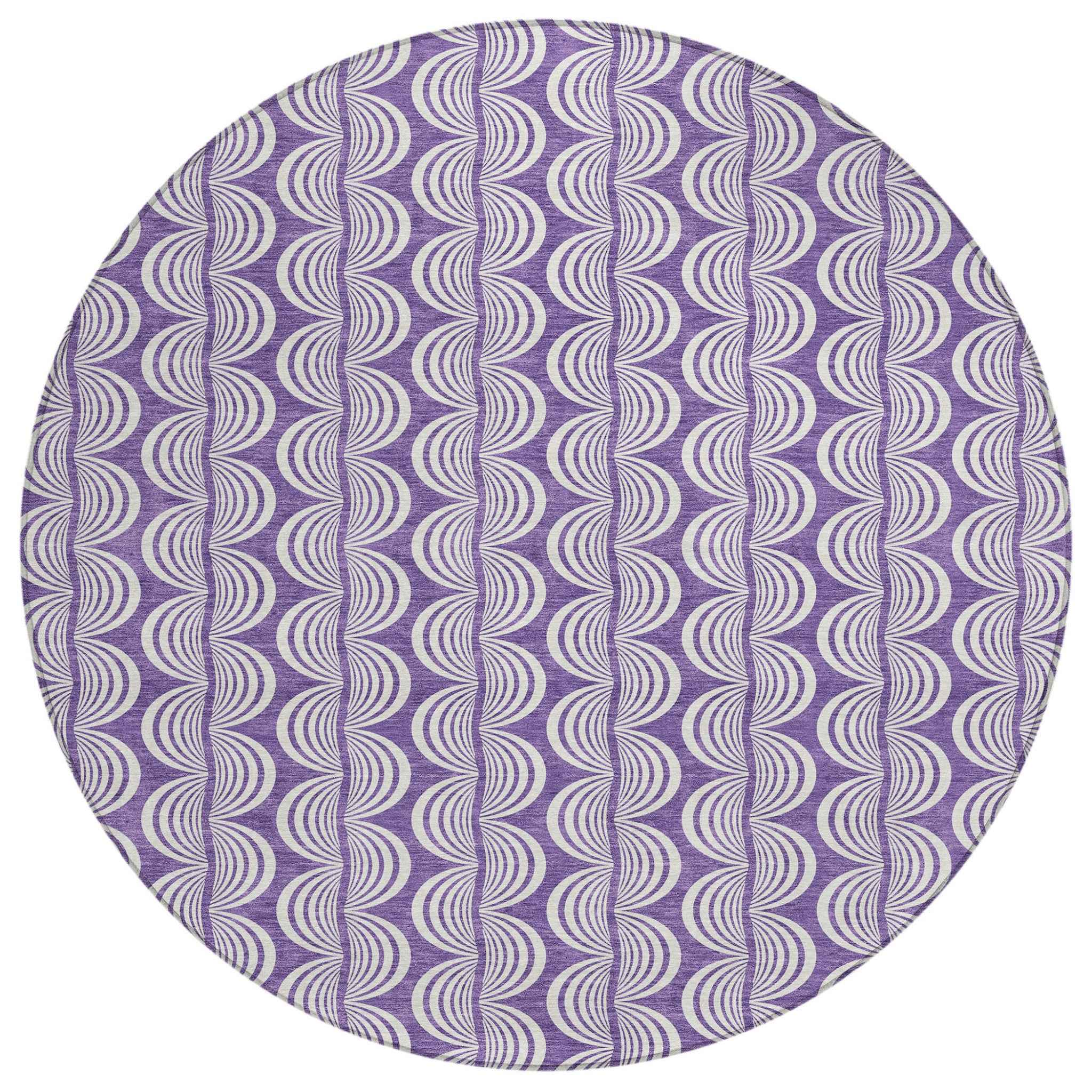 8' Purple And Ivory Round Ogee Washable Indoor Outdoor Area Rug