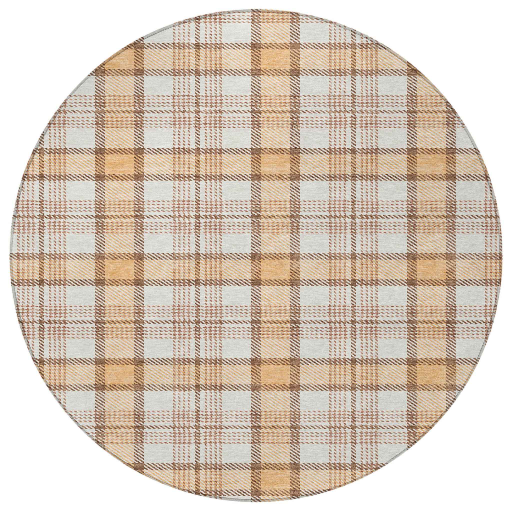 8' Peach And Beige Round Plaid Washable Indoor Outdoor Area Rug