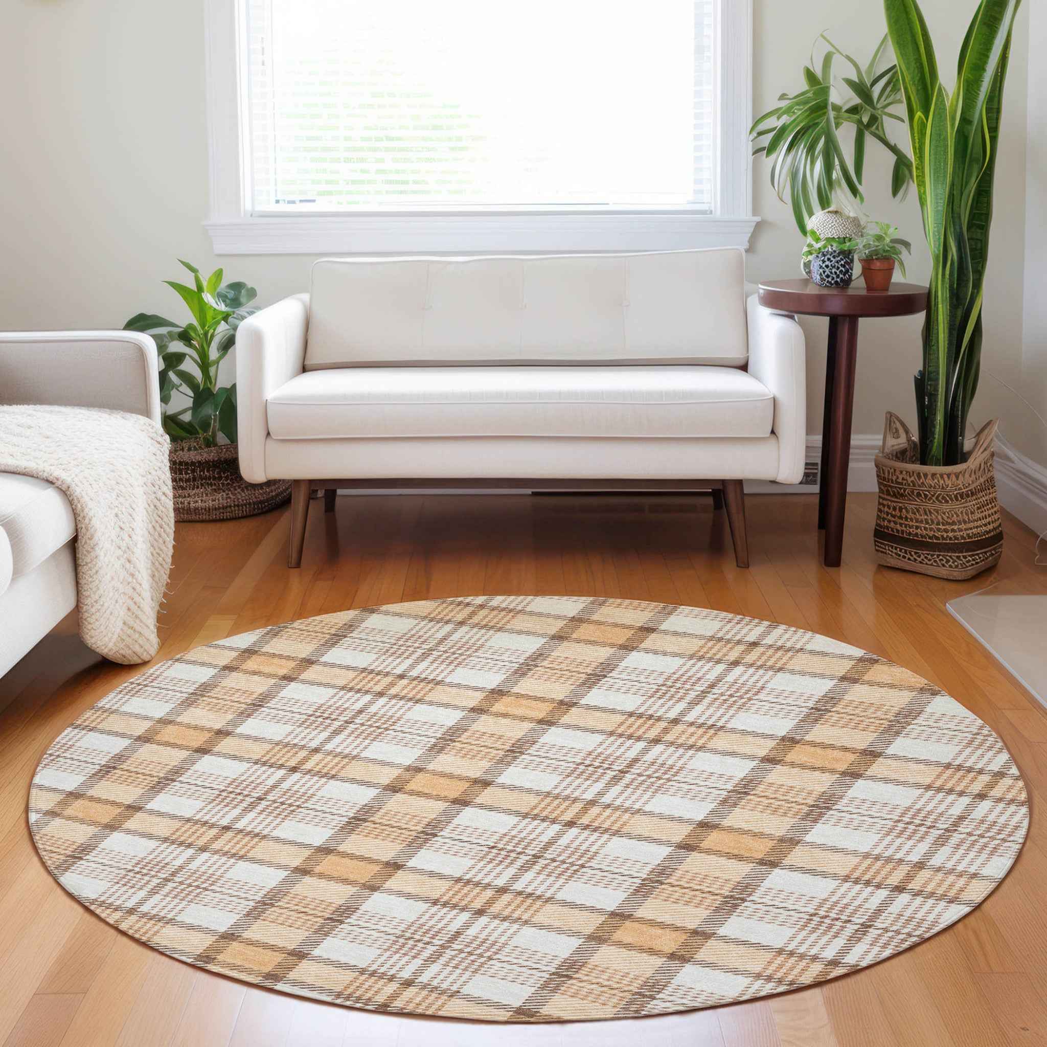 8' Peach And Beige Round Plaid Washable Indoor Outdoor Area Rug