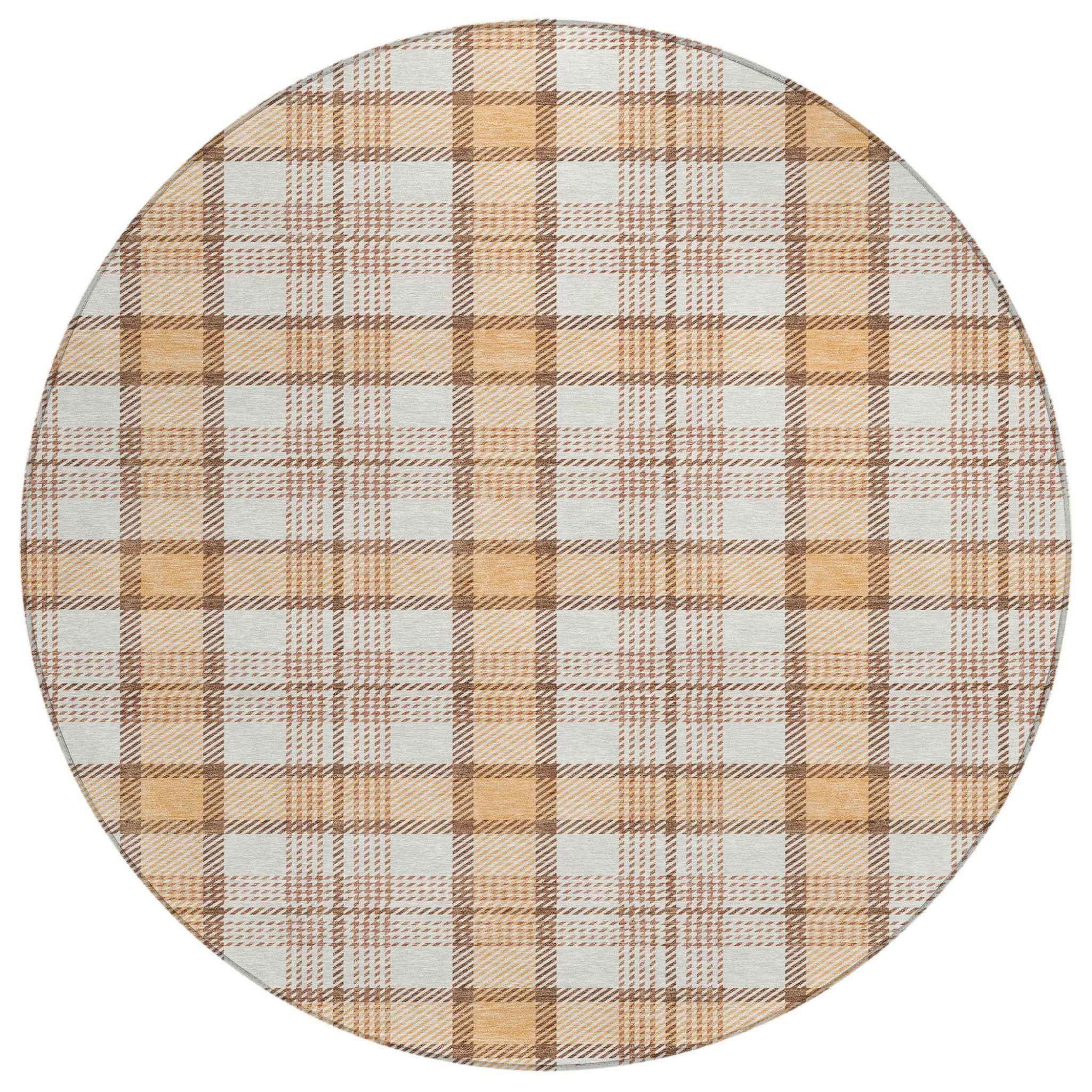 8' Peach And Beige Round Plaid Washable Indoor Outdoor Area Rug