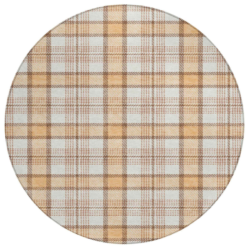 8' Peach And Beige Round Plaid Washable Indoor Outdoor Area Rug
