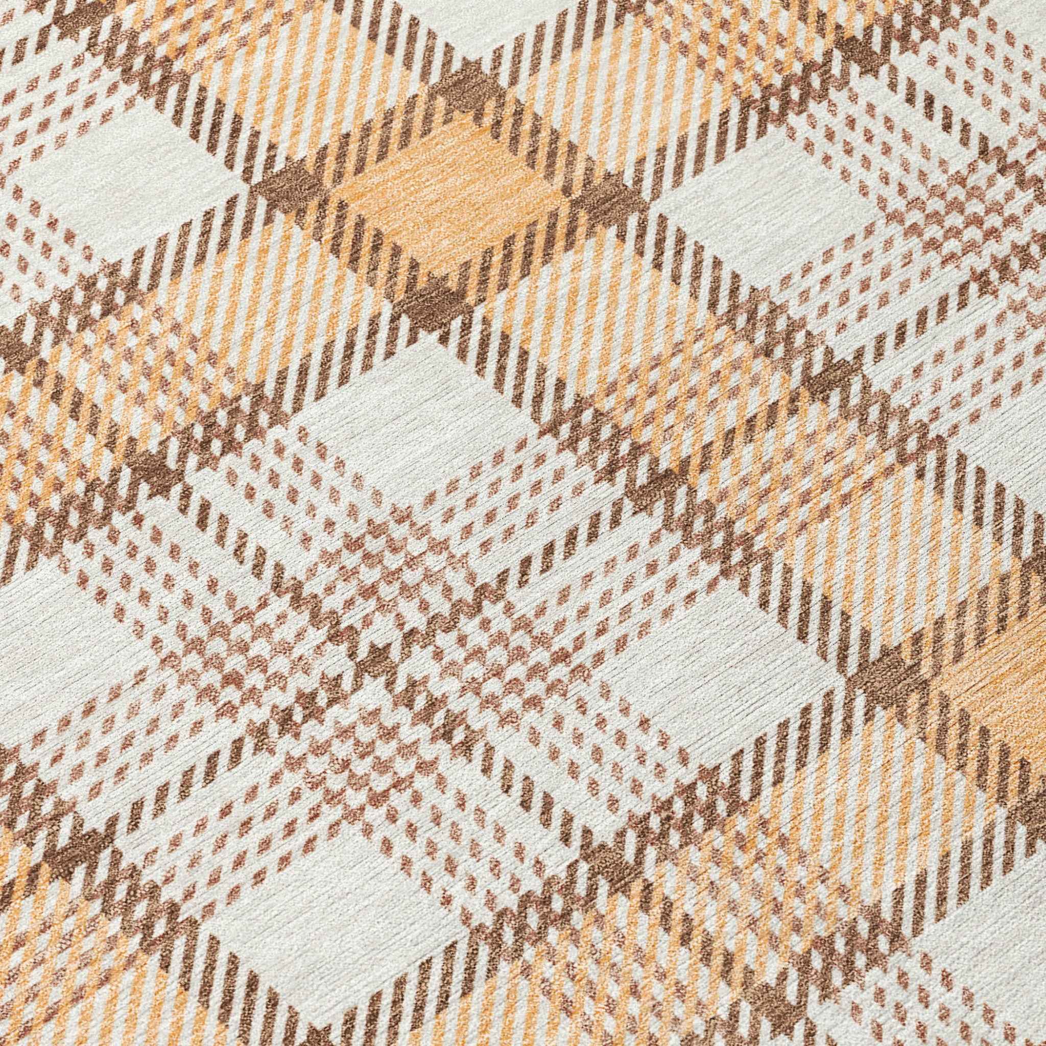 8' Peach And Beige Round Plaid Washable Indoor Outdoor Area Rug