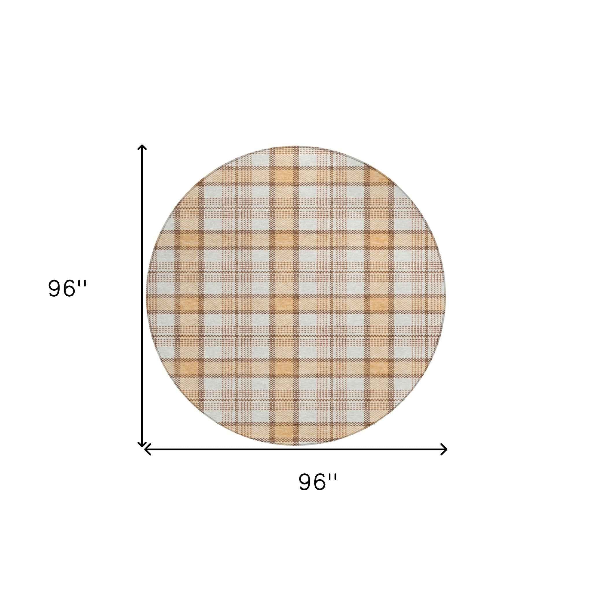 8' Peach And Beige Round Plaid Washable Indoor Outdoor Area Rug