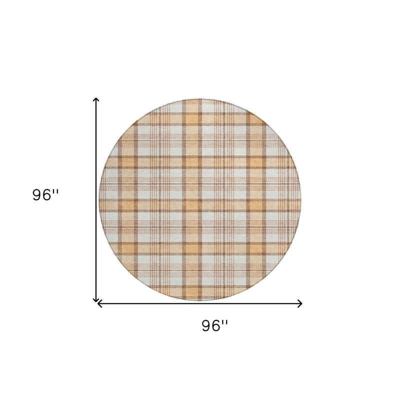 8' Peach And Beige Round Plaid Washable Indoor Outdoor Area Rug
