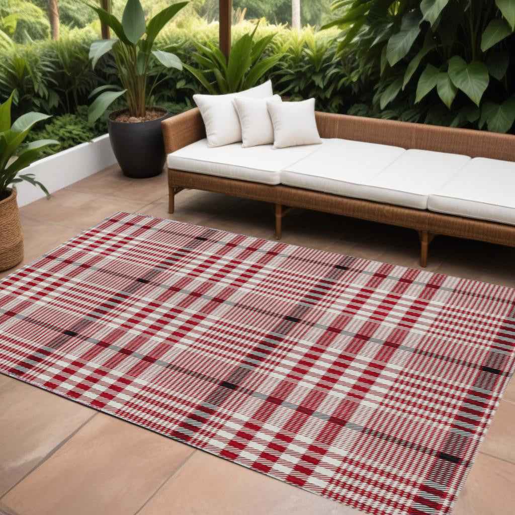 9' X 12' Red Black And Ivory Plaid Washable Indoor Outdoor Area Rug