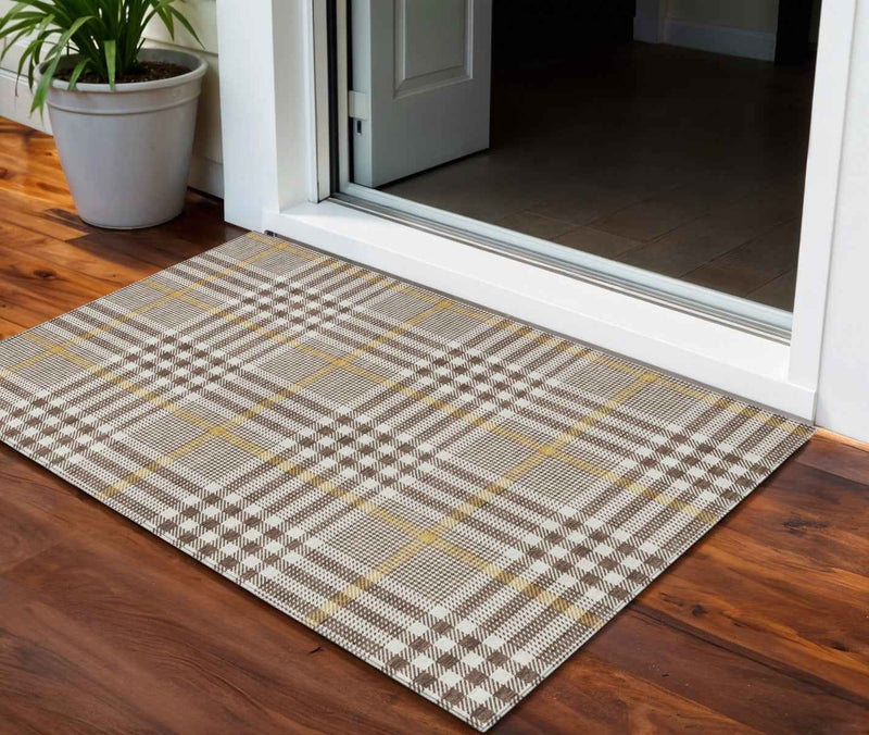 3' X 5' Brown And Beige Plaid Washable Indoor Outdoor Area Rug