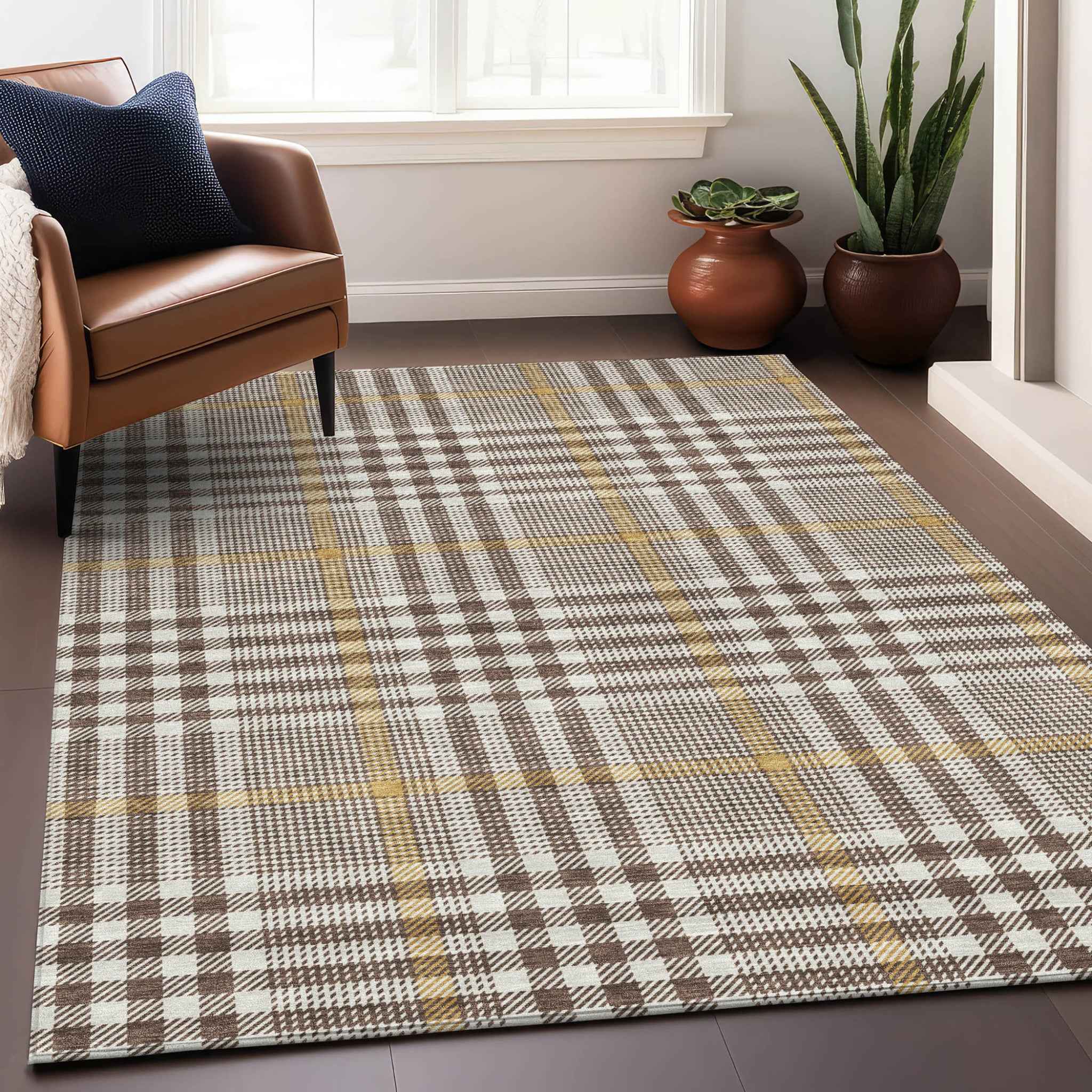 3' X 5' Brown And Beige Plaid Washable Indoor Outdoor Area Rug